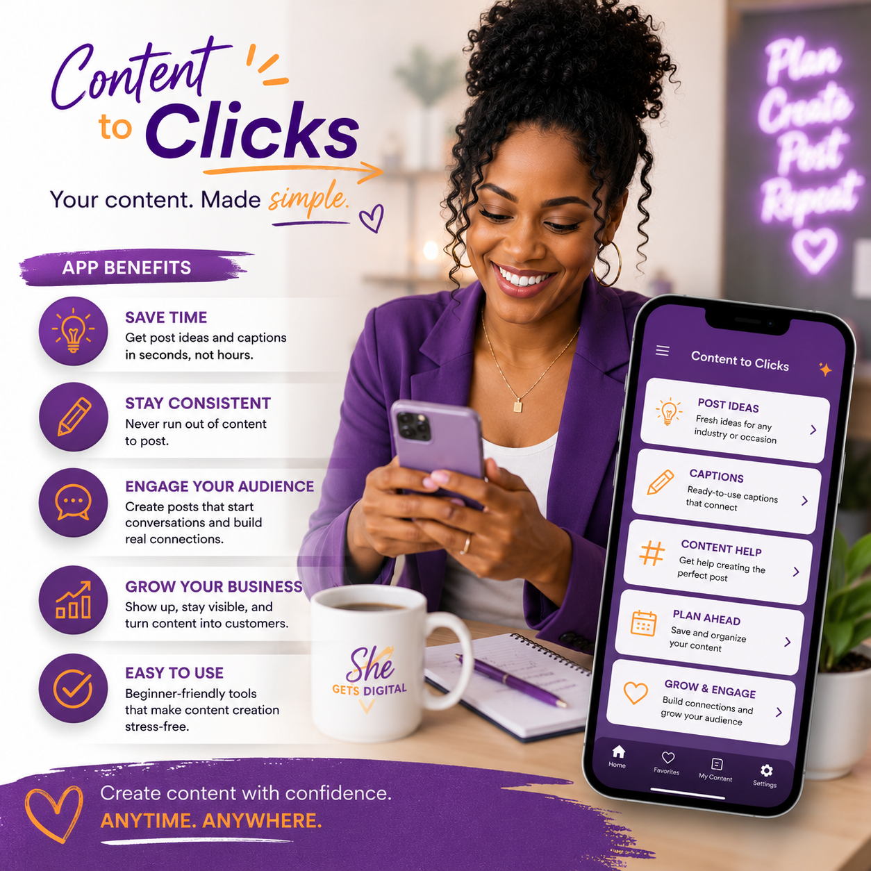 Content to Clicks promo showing the app interface and download message