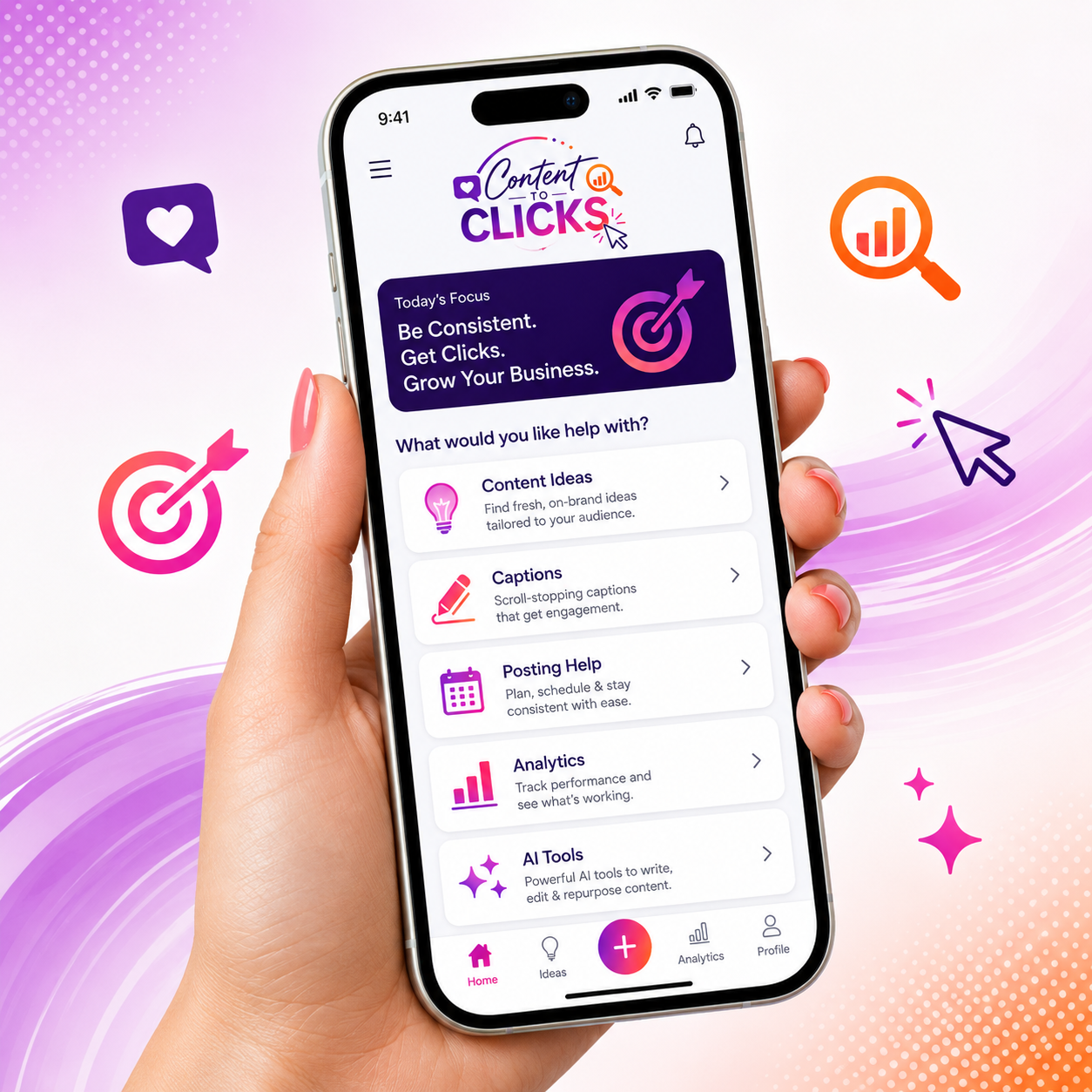 Phone preview of Content to Clicks app